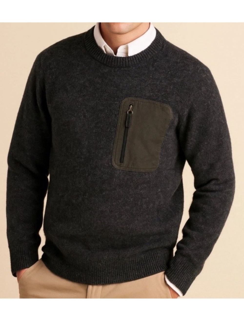LL Bean Maine Guide 100% Lambswool Sweater w/ Chest Pocket and Elbow Patches